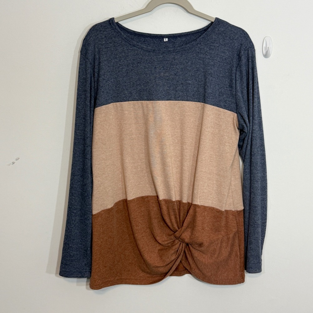 Womens Tunic Top L Blue Tan Brown Colorblock Twist Front Long Sleeve Casual